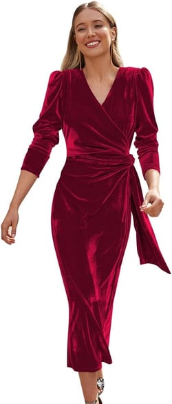 ODIZLI Women's Fall Winter Wrap Velvet Dress Long Sleeve Ruched Bodycon Midi Dress Party Dress Small Wine Red