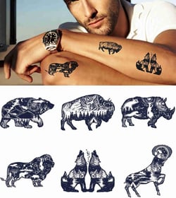 Animal 6 sheets Temporary Tattoos for Adults Men Women Rhinoceros Africa Savannah Rhino Bison Buffalo Bull Forests Night Tribe Bear Grizzly Wolf Lion Fake Tattoo Kits Sets For Neck Arm Hands Leg