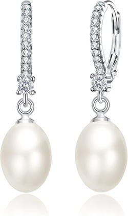 EVER FAITH S925 Simulated Pearl Earrings, White CZ Oval Cream Pearl Wedding Bride Leverback Dangle Earrings Jewelry for Women