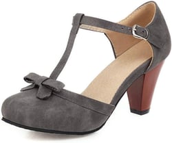 Women's Cute Bow-tie T-Strap Chunky Heels Mary Jane Shoes Ladies Retro Dress Round Toe Ankle Strap Pumps 6.5 Grey