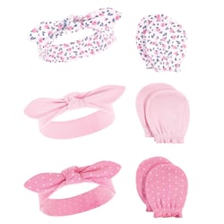 Hudson Baby Unisex Baby Cotton Headband and Scratch Mitten Set, Blue Pink Floral, 0-6 Month