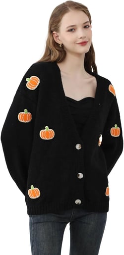 CHICWISH Women's Black Purple Halloween Ghost Patch Open Front Cardigan Sweaters V Neck Casual Button Down Knit Coats Large-X-Large Black Pumpkin