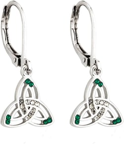 Biddy Murphy, Traditional Irish Tara Trinity Knot Dangle Earrings for Women, Silver Rhodium Plated with Emerald Green Crystal, Celtic Jewelry Made in Ireland by Artisan Jewelers