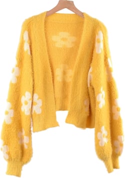 YUAKOU Women's Flower Long Sleeve Open Front Short Cardigan Casual Loose V Neck Down Knit Cardigan Sweaters Outwear Medium Yellow