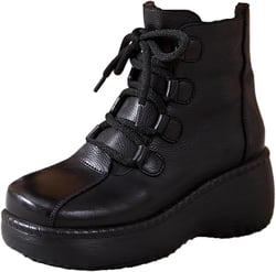 WENOREG Women's Genuine Leather Lace Up Platform Ankle Boots Retro Round Side Zipper High-Top Fashion Height Booties Comfortable Sofe Leather Combat Short Boots Black 4.5