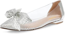 XYD Women Elegant Pointed Toe Rhinestone Flats Mesh Slip On Low Heel Crystal Embellished Wedding Bride Dress Shoes 6.5 Silver Crystal Bowtie