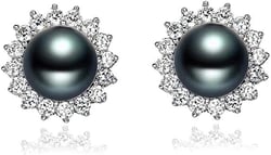 "Sunshine" Sterling Silver 8.5-9mm White Freshwater Cultured Pearl Earrings Studs AAA Zirconia Earrings Gift for Women black pearl