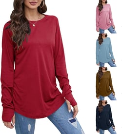 Thumb Hole Shirts for Women Long Sleeve Crew Neck Tunic Tops Casual Loose Basic Blouse 2024 Preppy Pullover Shirts Large Red