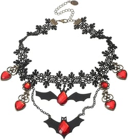 Halloween Witch Cosplay Drop Dangle Bat Gothic Red Stone Lace Choker Necklace for Women Vintage Adjustable Victorian Lolita Short Necklace Christmas Party Decoration Dress Up Costume Accessories Gift 13.6"