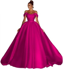 Off The Shoulder Satin Long Prom Dress Ball Gown Sparkly Sequin A-Line Formal Dresses for Women 20 Plus Hot Pink