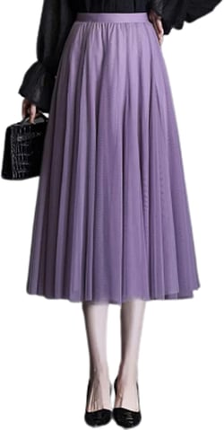 Women Mesh Midi Skirt Multilayer Pleated High Waist Lace Ballet Prom Party Tulle Tutu A-line Long Skirts One Size Purple