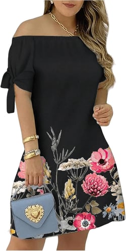 SOLY HUX Women's Floral Print Off Shoulder Short Sleeve Tunic Dress Summer Short Dresses Black Floral Large