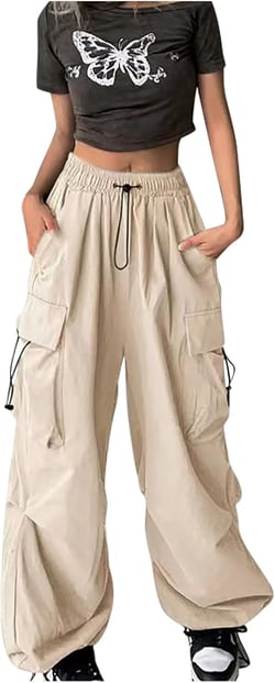 Womens Cargo Pants Baggy Parachute Y2K Teen Girls Elastic High Waisted Pants Lightweight Drawstring Fashion Cargo Pants XX-Large A09_beige