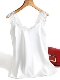 DanceeMangoo Lace Strap Silk Top Women Sexy V Neck Sleeveless WhiteVest Satin Elasticity Mesh Silk Tank Tops Women Basic Plus Size Camisole