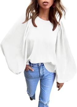 Lesore Womens Blouses Long Sleeve Solid Crewneck Balloon Sleeve Keyhole Back Blouses Tops Tshirts Medium White