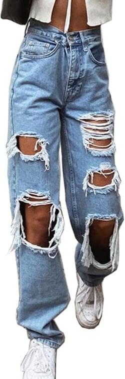 Women's Ripped Boyfriends Jeans High Waist Wide Leg Denim Pants Vintage Loose Distressed Straight Jeans with Pockets X-Large #8 Blue