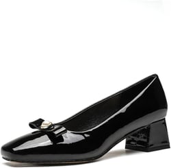 Women's Patent Leather Pearl Bowknot Chunky Low Heel Pumps Classic Comfortable Square Toe Slip On Work Office Dress Shoes Suitable Wedding Party prom 8.5 Wide Black