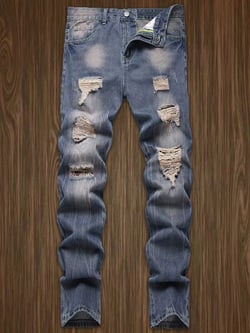 1pc Casual Men Blue Distressed Denim Pants, Streetwear Style Breathable Thicken Denim Trousers For Walking, Hanging, Outdoor Activities And Parenting