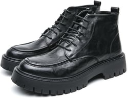 Men's Textured Leather Platform Chunky Low Heel Combat Boots with Side Zipper Vintage Round Toe Lug Sole Non-Slip Lace-Up Motorcycle Boots Work Office Business Casual Oxfords Black 10