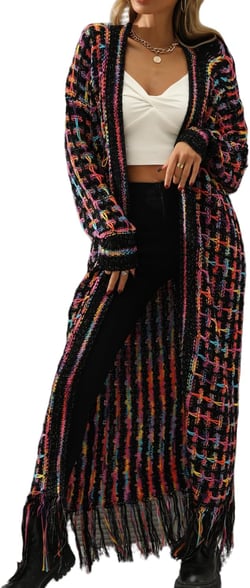 Women's Oversized Knit Cardigans Stripes Long Sweater Coat Tassel Open Front Slouchy Casual Outwear X-Large Fancy Purple