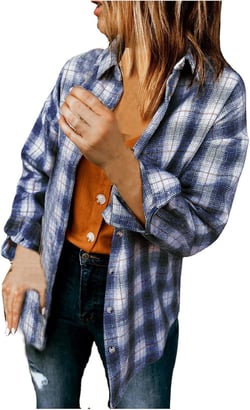 Fall Women Flannel Plaid Shacket Shirt Jacket Loose Plus Size Plaid Coat Casual Long Sleeve Button Down Plaid Coats Blue Medium