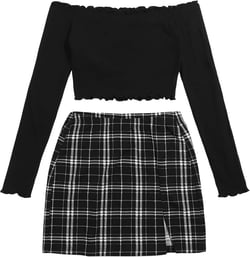 Floerns Women's Two Piece Outfit Off Shoulder T Shirts Plaid Print Skirt Set Medium Black
