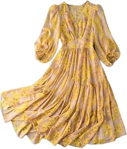 Women's Chiffon Floral Dresses V Neck Ruffle Dress Lantern Sleeve High Waisted Midi Dress Small Yellow