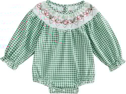 Newborn Baby Girl Smocked Christmas Outfit Plaid Bubble Romper Xmas Tree Embroidery Bodysuit Infant Fall Clothes Green 6-12 Months