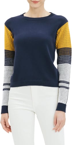 Cable Stitch Women's Contrast-Sleeve Cotton Sweater - Crewneck Long Sleeve Knitted Pullover Top Small Navy