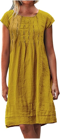 Cotton and Linen Dresses for Women Casual Summer 2023 Loose Cap Sleeve Square Neck Comfy Midi t-Shirt Sun Dress #05 Yellow Large