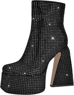 richealnini Women Ankle Boots with Zipper Zip Up Embellished Rhinestones Platform Heel Boots Block Heeled Short Booties 15 Black