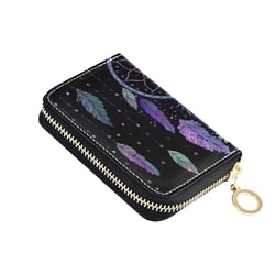 Dream Cather Feathers On Black Credit Card Coin wallet, RFID Blocking Compact Women Leather Card Holder, Key Change Organizer, Zipper Purse Clutch Pouch Pocket 4.7x3.1x0.8 Inch Multi 15