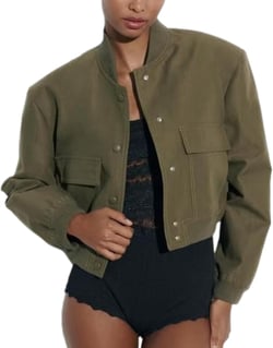 Bozanly Women's Stand Collar Button Down Cropped Shacket Jacket Solid Color Varsity Bomber Jackets 2024 Small Army Green