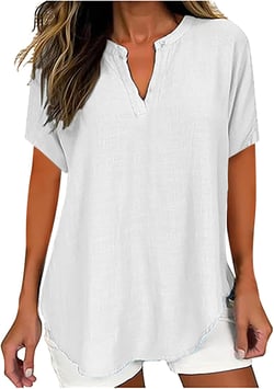 Womens Tunic Tops Short Sleeve Cotton Linen Shirts V Neck Solid Color Blouse Casual Tees Comfy T Shirt 2024 Trendy White Medium