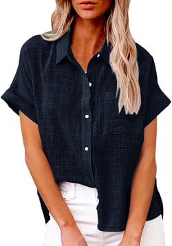 Womens Linen Shirts Summer V Neck Button Down Blouses Casual Short Sleeve Roll up Tops Basic Collared Work Shirts Medium 02 Navy