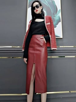 Lautaro Long Soft Faux leather pencil skirt women with front slit pockets High waisted midi skirts for women wine red skirt