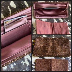 Vintage 1950’s copper beaded evening bag & wallet bronze triple cut seed beads envelope clutch purse Bond Street Ltd. Belgium