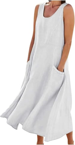 RKSTN Women Plain Cotton Linen Dresses Summer Sleeveless Maxi Dress Boho Casual Plus Size Loose Fit Long Dress with Pockets Small White