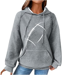Football Graphic Print Hooded Sweatshirts for Women Casual Football Game Day Waffle Knit Drawstring Pullover Hoodies Gray Large