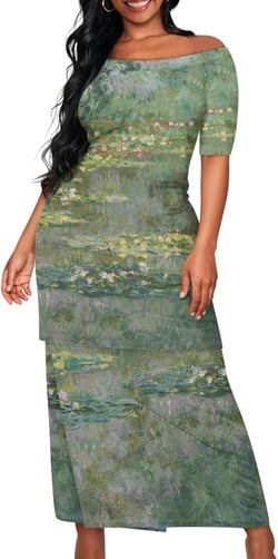 Short Sleeve Skirt Sets Oil Painting Printed Women Two Piece Skirt Set Off Shoulder Top Long Skirts Dress Set Monet Water Lilies 4X-Large