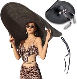 KEYDUACU Oversized Women's Beach hat, 31.5 inch (80cm) Wide Brim Foldable Beach Sunscreen Travel Summer hat 1 Black（80cm)