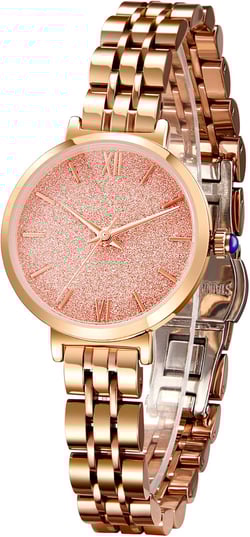 Women's Watches with Stainless Steel Square Round Dial Quartz Watch with Satin Genuine Leather Strap Elegant Minimalist Waterproof Pink&Rose Gold