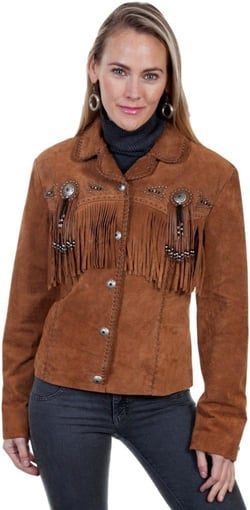 Western Genuine Leather Suede Jacket Women Native American Boar Cowlady Beaded & Fringe Cowgirl Jacket Tassels XX-Large Cinnamon Boar Suede