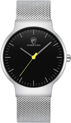 CHEETAH Fashion Minimalist Mens Watches Unisex Ultra Thin Waterproof Analog Quartz with Stainless Steel Mesh Band Silver/Black