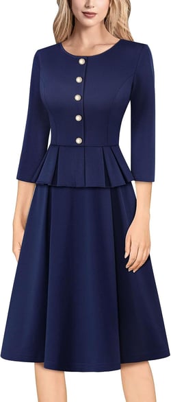 VFSHOW Womens 2024 Office Business Work Church Peplum Elegant Slim Fit Knee Length A line Fit and Flare Dress XX-Large Dark Blue