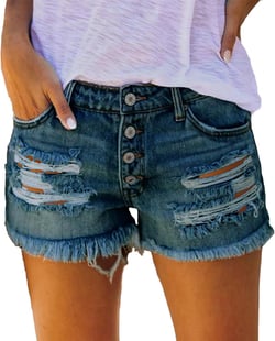 Andongnywell Women's Denim Shorts Frayed Raw Hem Jeansshorts High Waist Ripped Stretchy Denim Hot Short Summer Jean Shorts Small Navy Blue