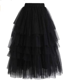 Women's Elastic Waist Tiered Layered Mesh Tulle Tutu A-line Midi Skirt 14 Black