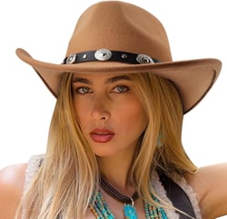 DRESHOW Women Men Classic Felt Wide Brim Western Cowboy & Cowgirl Cap Belt Buckle Retro Panama Hat Unisex Rolled up Caps 1 Pack Style 1: Khaki (Hat Circumference: 22-22.8")