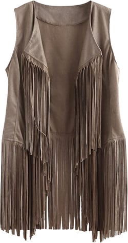 Women Suede Sleeveless Vest Hippie Open Front Loose Vest Fringe 70s Vintage Vest Tassel Cowgirl Western Costume Beige S