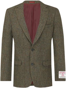 Dobell Harris Tweed Mens Green Tweed Jacket Regular Fit 100% Wool Herringbone